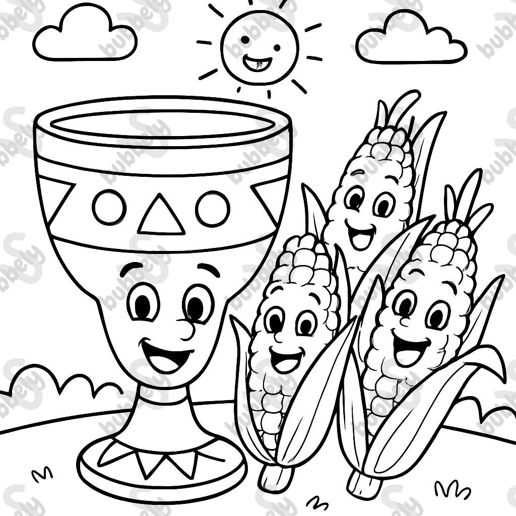 Kwanzaa Unity Cup (Umoja Cup): A wide, simple Kikombe cha Umoja (Unity Cup) with a few bold, decorative triangles and circles. Include three ears of corn (Muhindi) next to the cup.