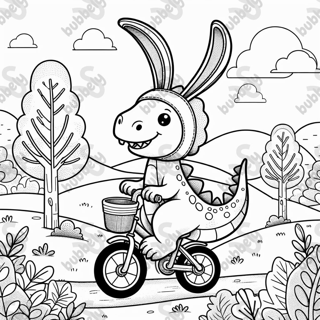 Dinosaur riding a bicycle with bunny ears