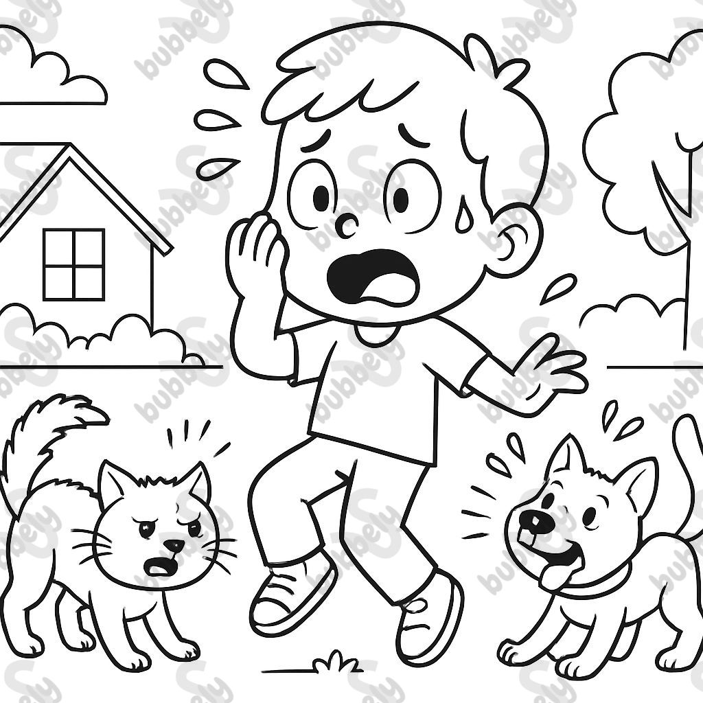 Boy afraid of a dog and cat
