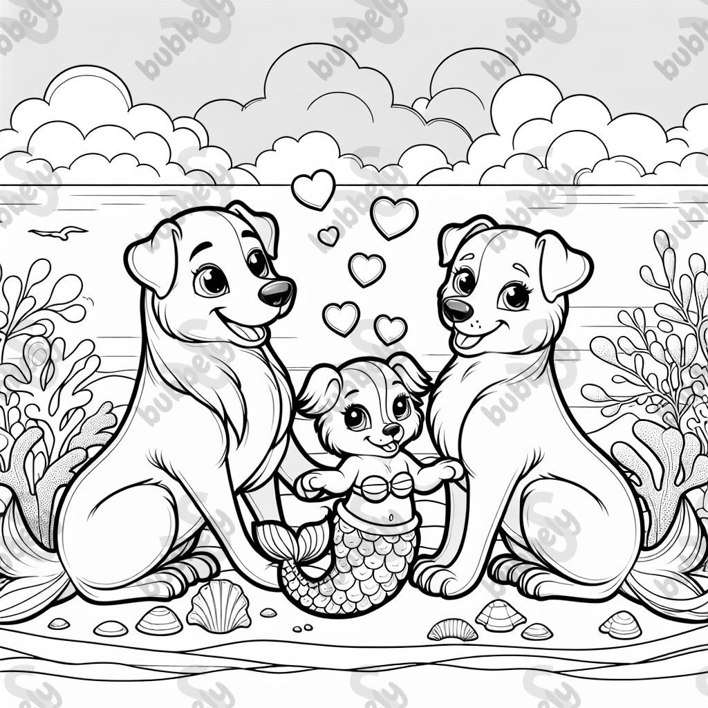 Bubbly mommy and daddy dogs with a mermaid puppy