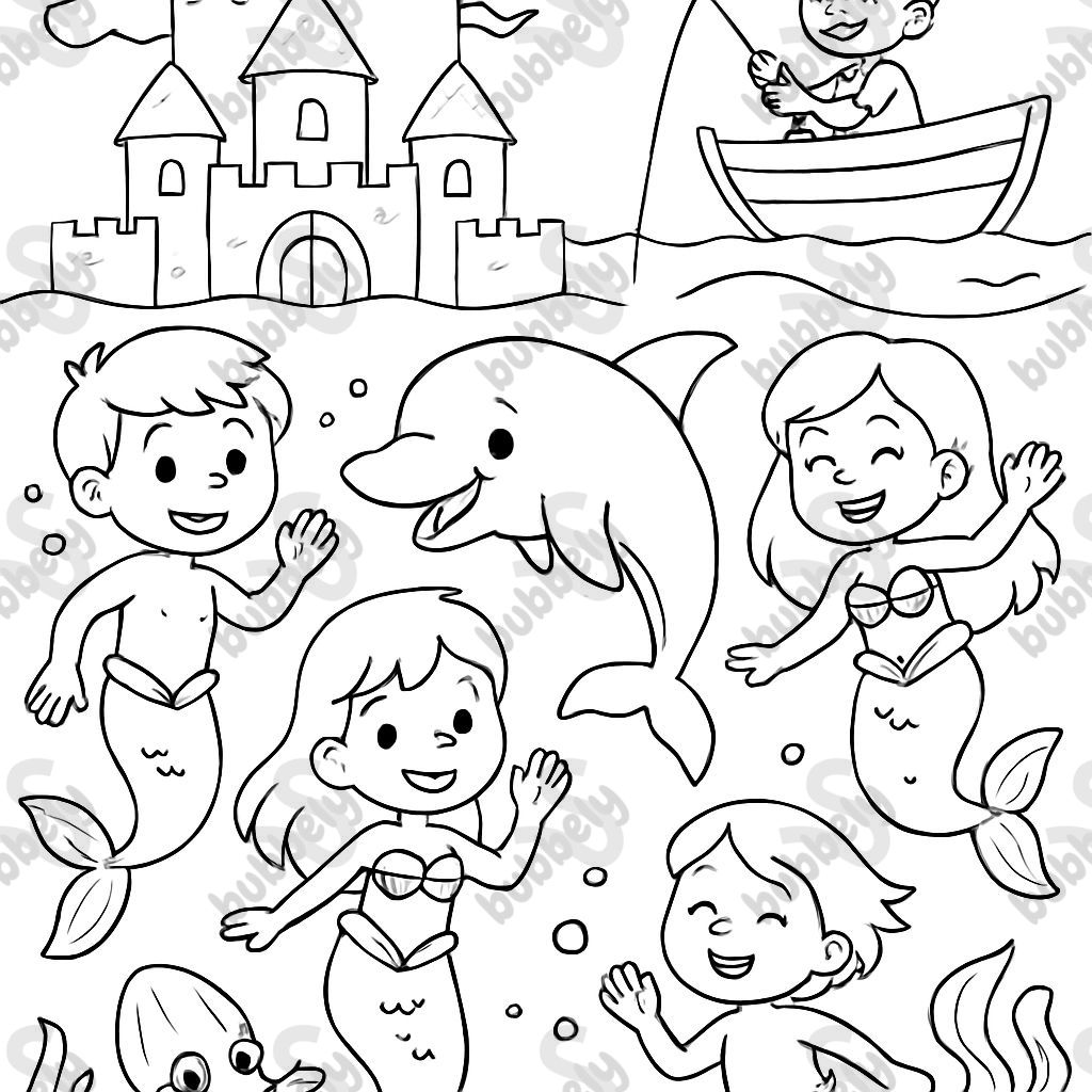 castle with two boy mermaids and two girl mermaids. a boat on the surface with someone trying to fish. a dolphin and a cuddlefish.