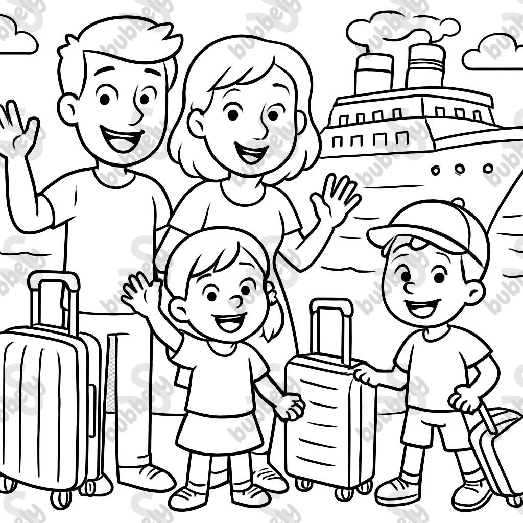 une famille avec des valises devant un bateau