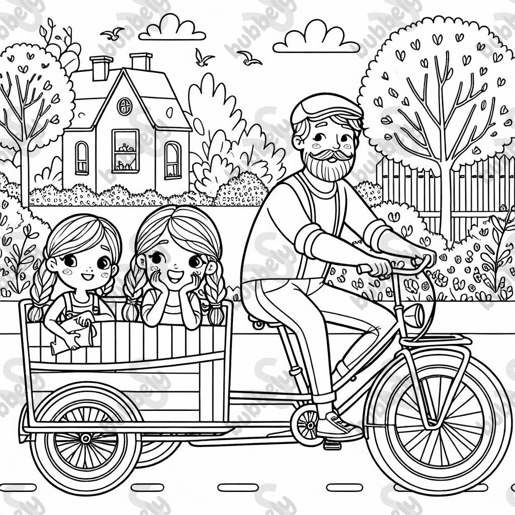 Zwei Mädchen mit einem Papa auf dem lastenrad 