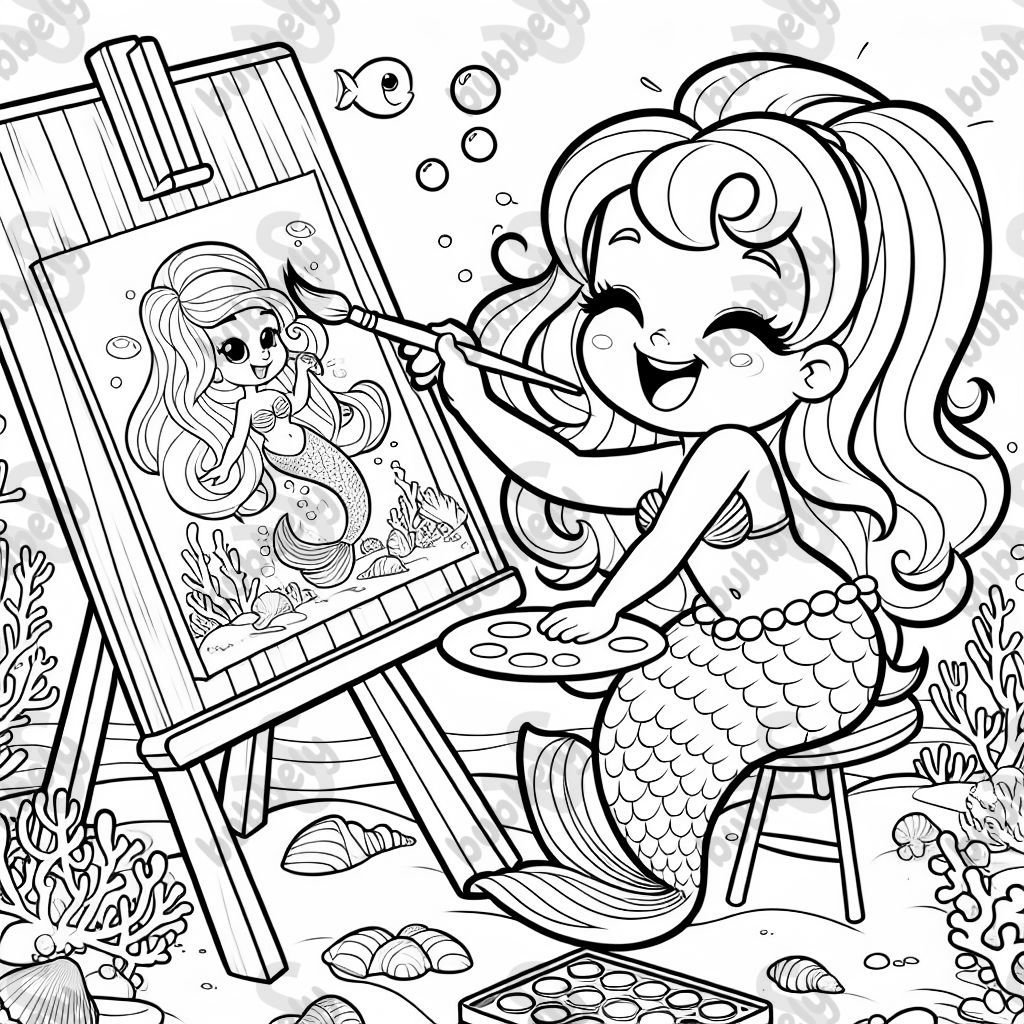 Une sirène en train de peindre sur un chevalet.