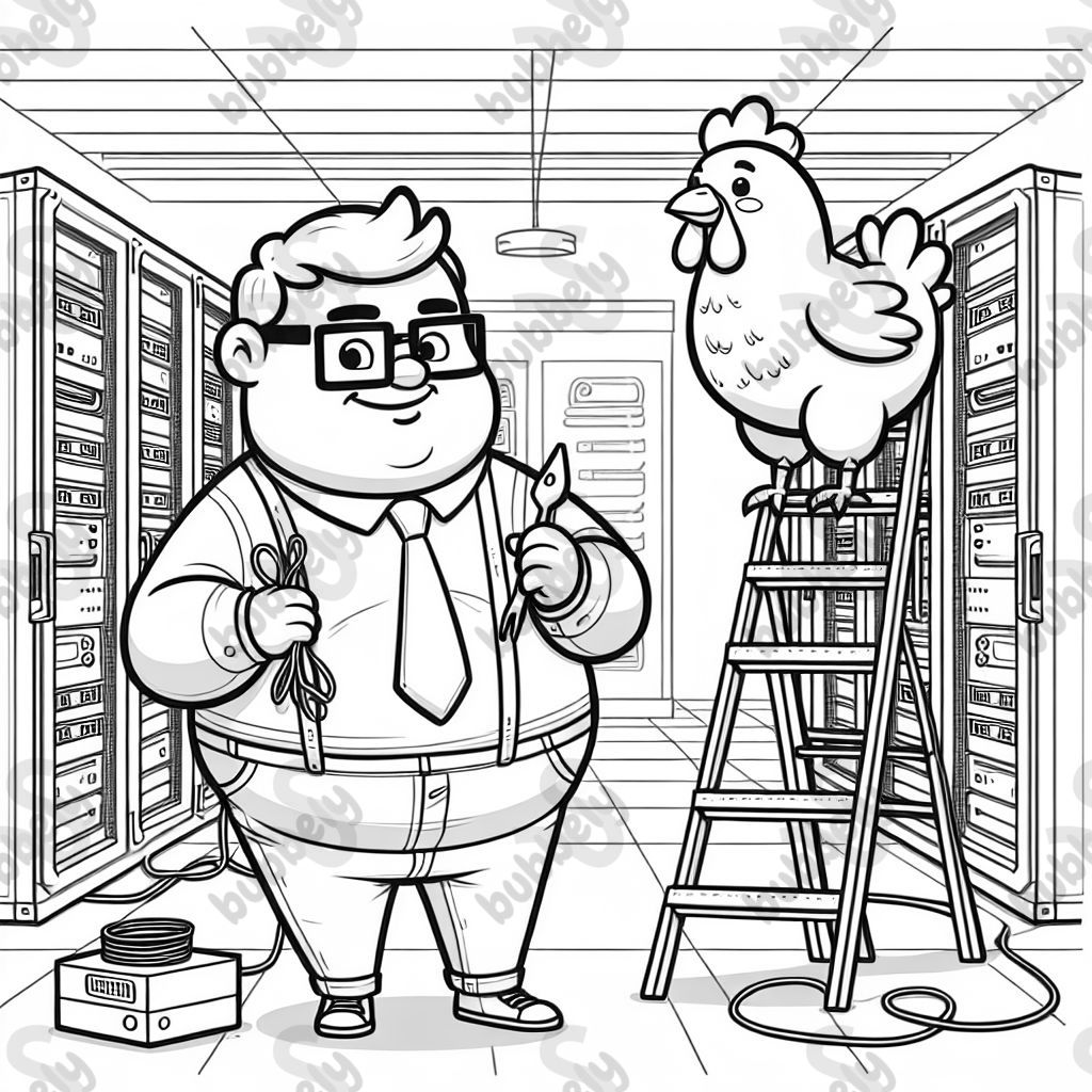 Dicker Mann mit Brille ist im Serverraum. Er steht auf einer Leiter mit einem Hähnchen.