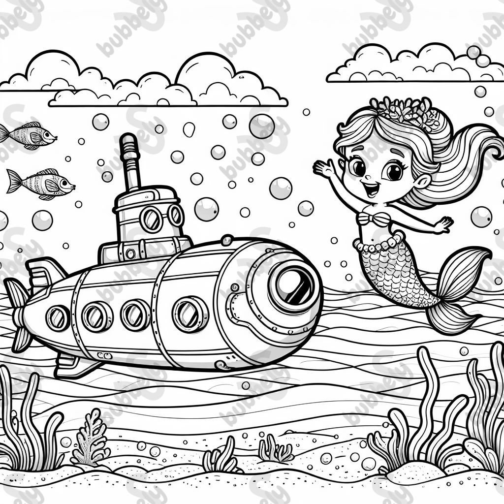 A submarine in the ocean next to a mermaid