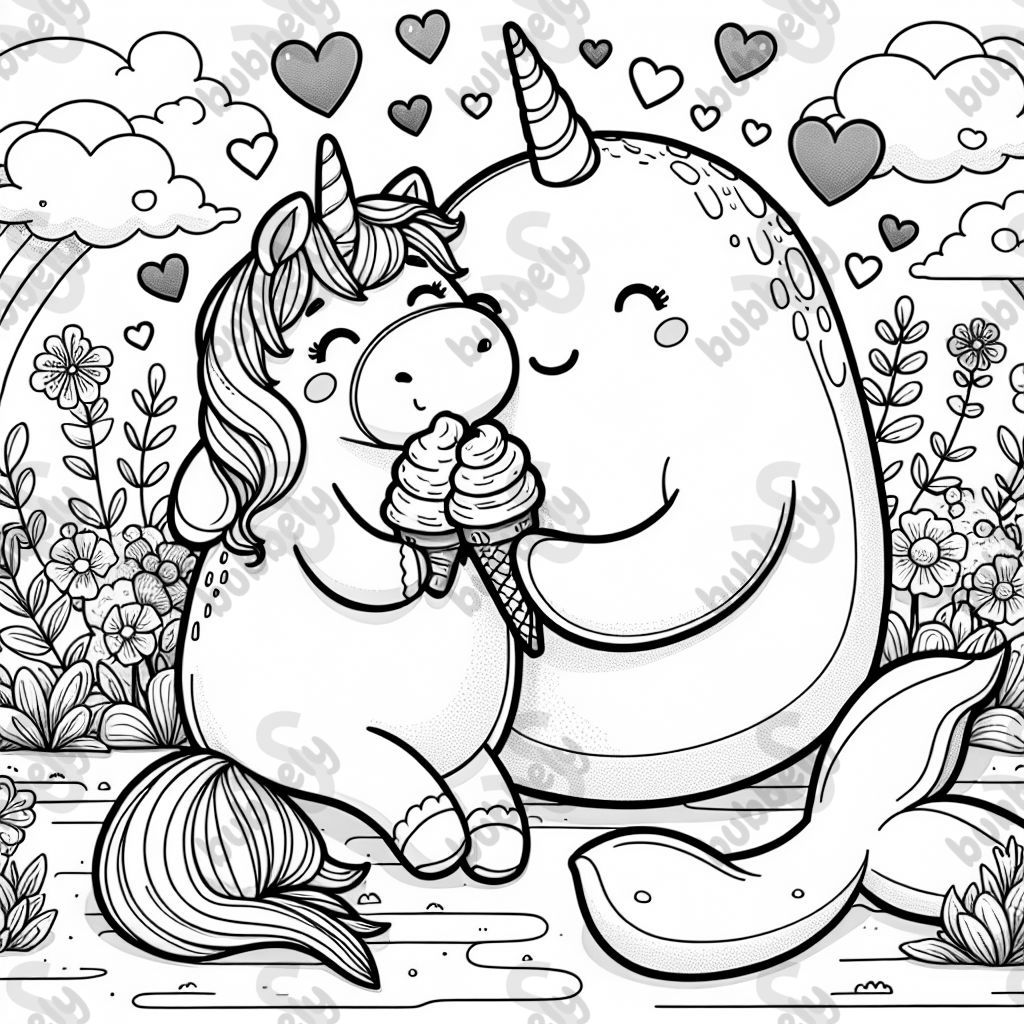 A unicorn and a narwhal hugging and eating ice cream and hearts all around them and flowers