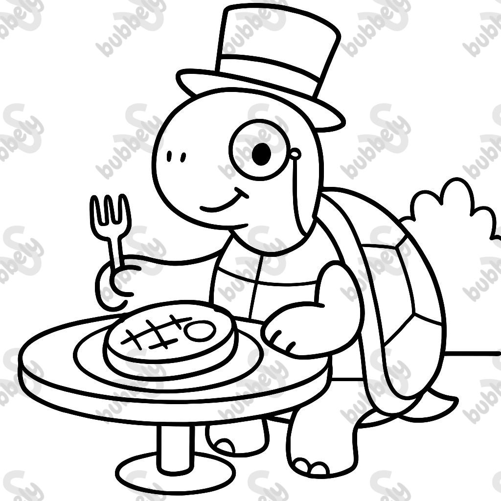 Une tortue portant un chapeau haut de forme et un monocle mangeant un dîner de steak. Une tortue portant un chapeau haut de forme et un monocle mangeant un dîner de steak.