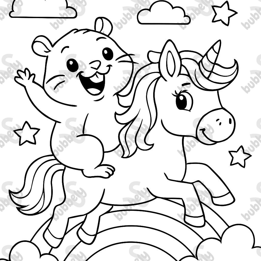 a hamster riding a unicorn over a rainbow