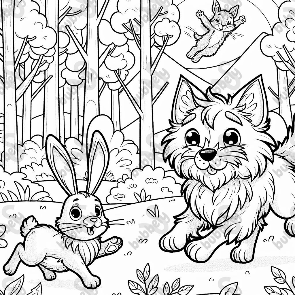 Katze mit spitzen ohren, kaninchen und zotteliger hund im wald