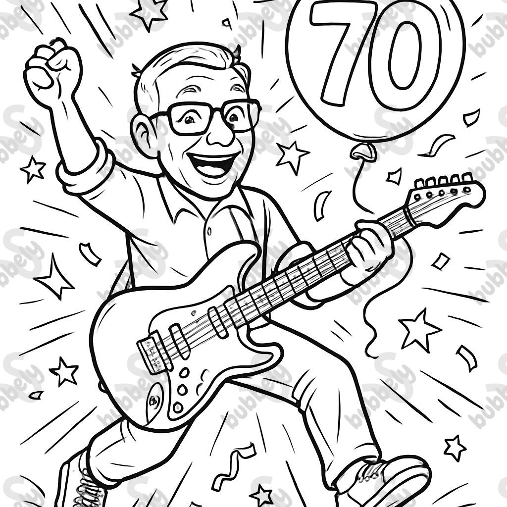 An older man is playing guitar and celebrating his 70th birthday, he is wearing glasses.