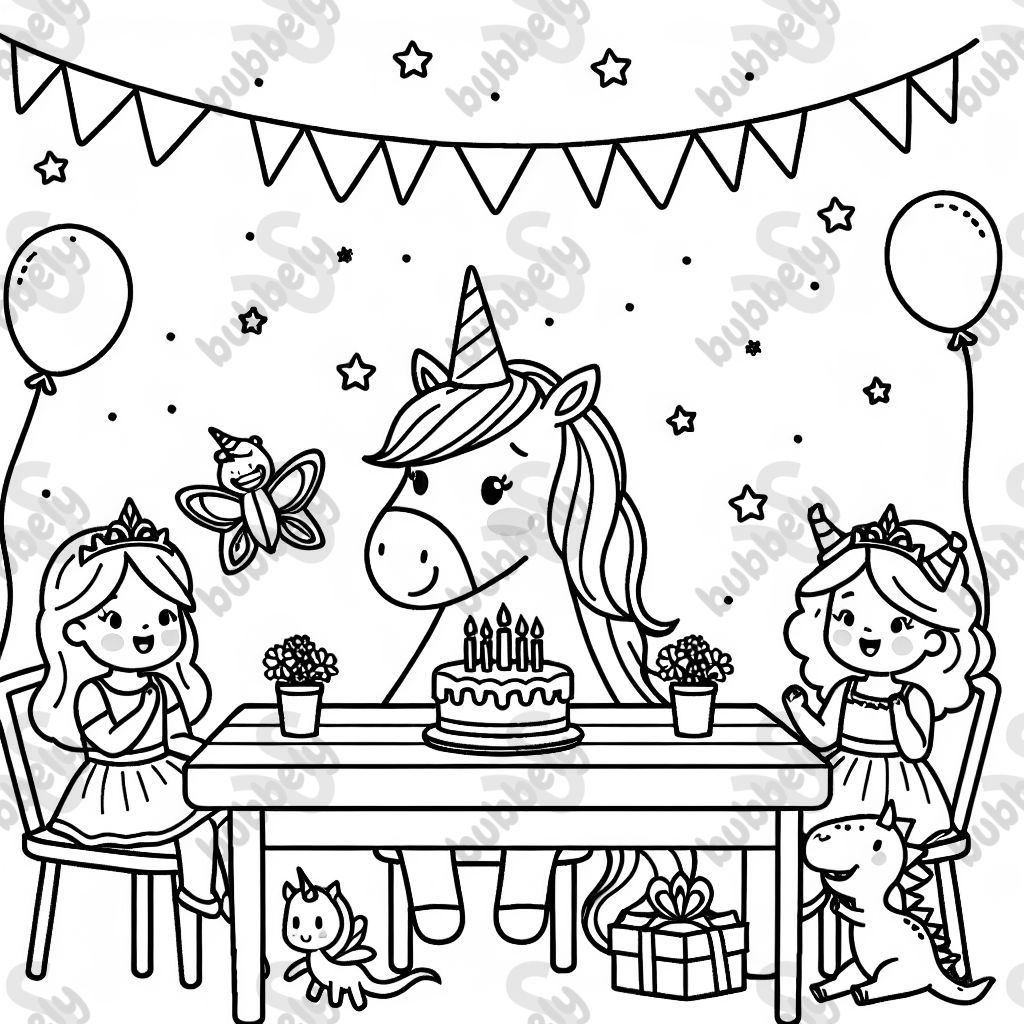 ein Einhorn feiert Geburtstag. es sitzt mit seinen Gästen (eine Fee, eine Prinzessin und ein Dino) am Tisch