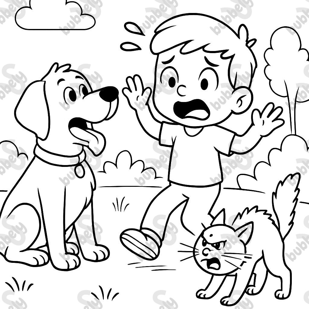 Child afraid of a dog and cat