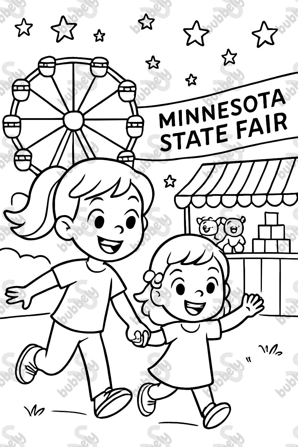 6 year old with a ponytail and her little sister walking at the Minnesota State Fair. Have a ferris wheel and toy stands and a banner that says Minnesota State Fair. Make it night time with stars in the sky. 6 year old with a ponytail and her little sister walking at the Minnesota State Fair. Have a ferris wheel and toy stands and a banner that says Minnesota State Fair. Make it night time with stars in the sky.