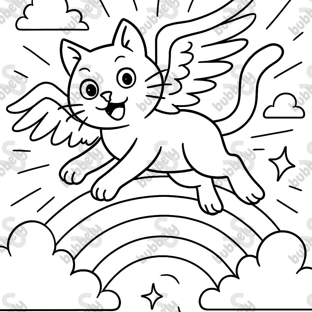 A cat with wings on a rainbow