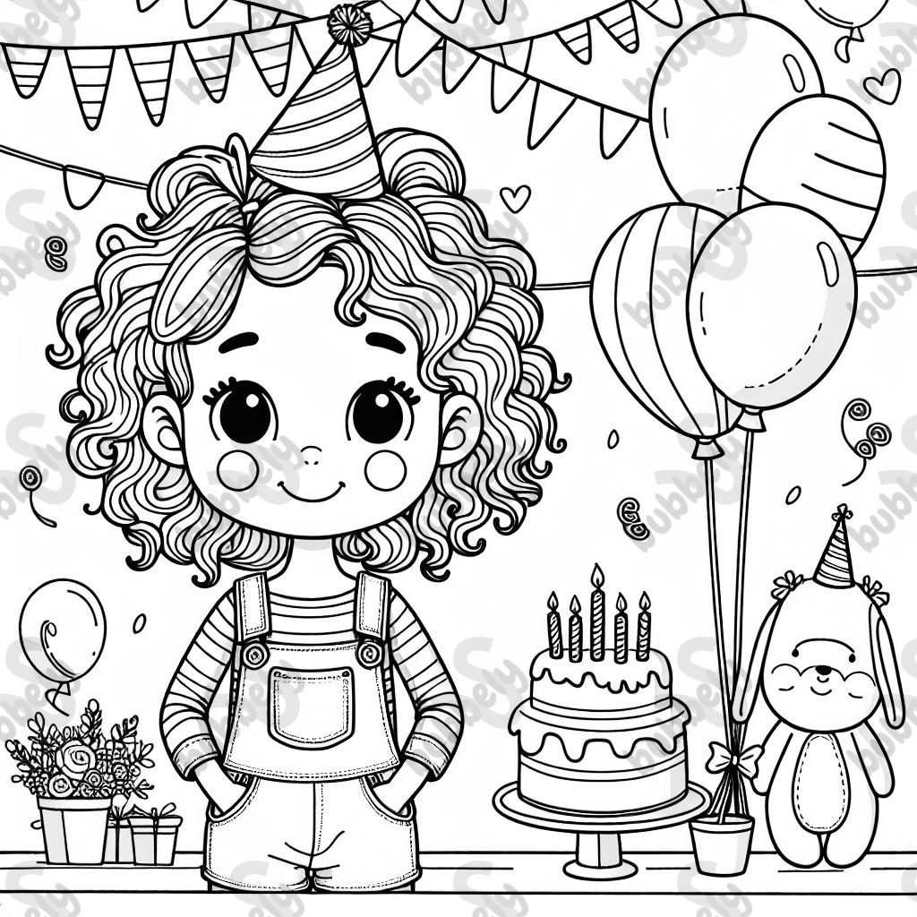 Geburtstagsfeier eines vierjährigen Mädchens mit lockigem Haar und Latzhose.