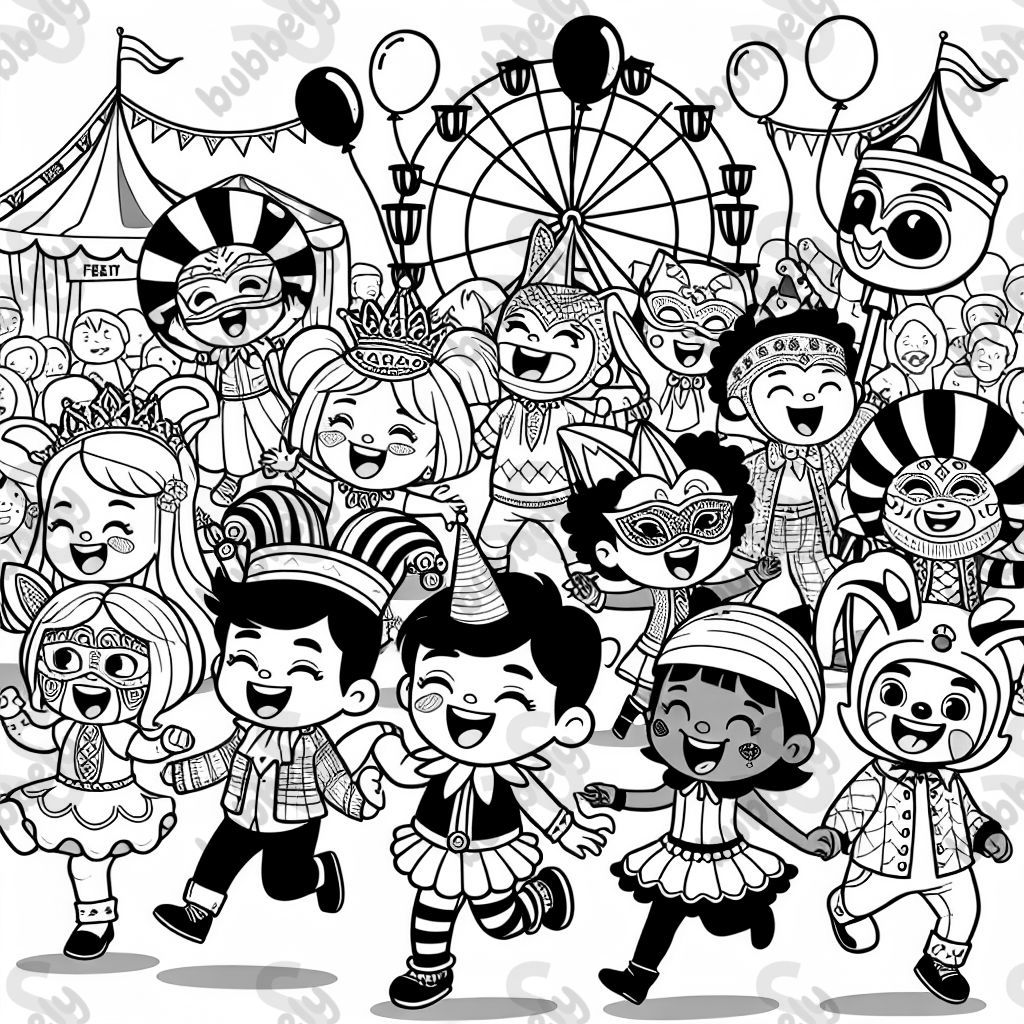 Coloring page featuring colorful carnival themes for kids.