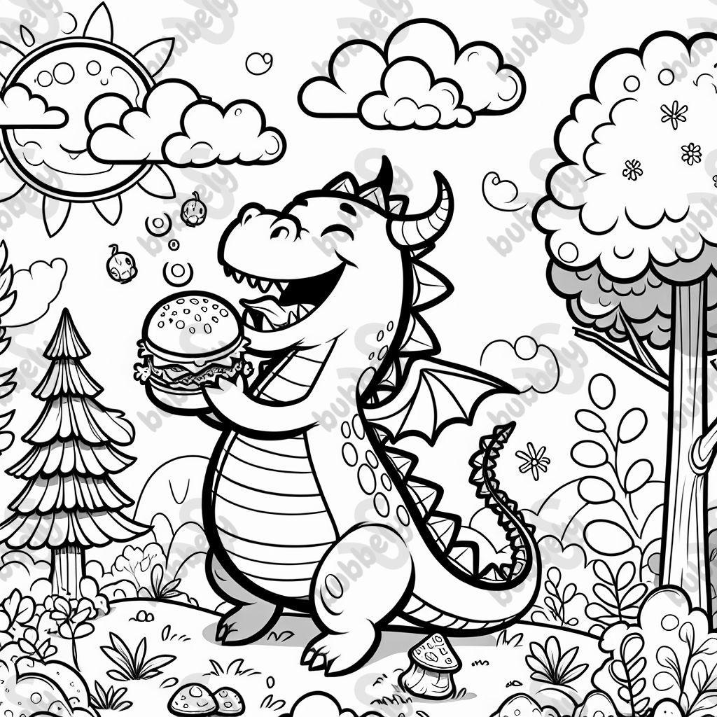 A dancing dragon eating a cheeseburger