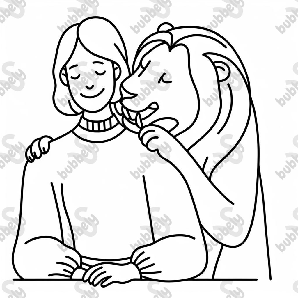 A lion biting an adult woman on the shoulder