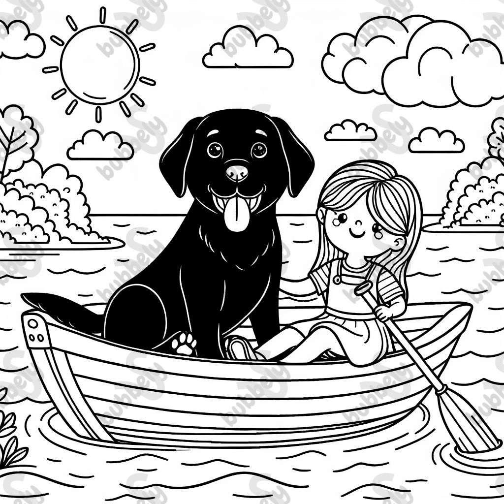 black lab and girl in a boat