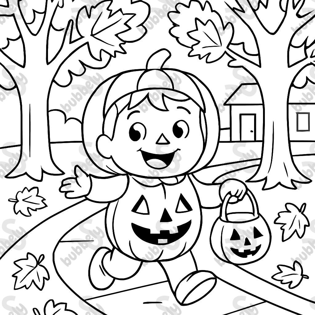 A kid dressed as a jack o lantern trick or treating down a street lined with Maple Trees. A kid dressed as a jack o lantern trick or treating down a street lined with Maple Trees.