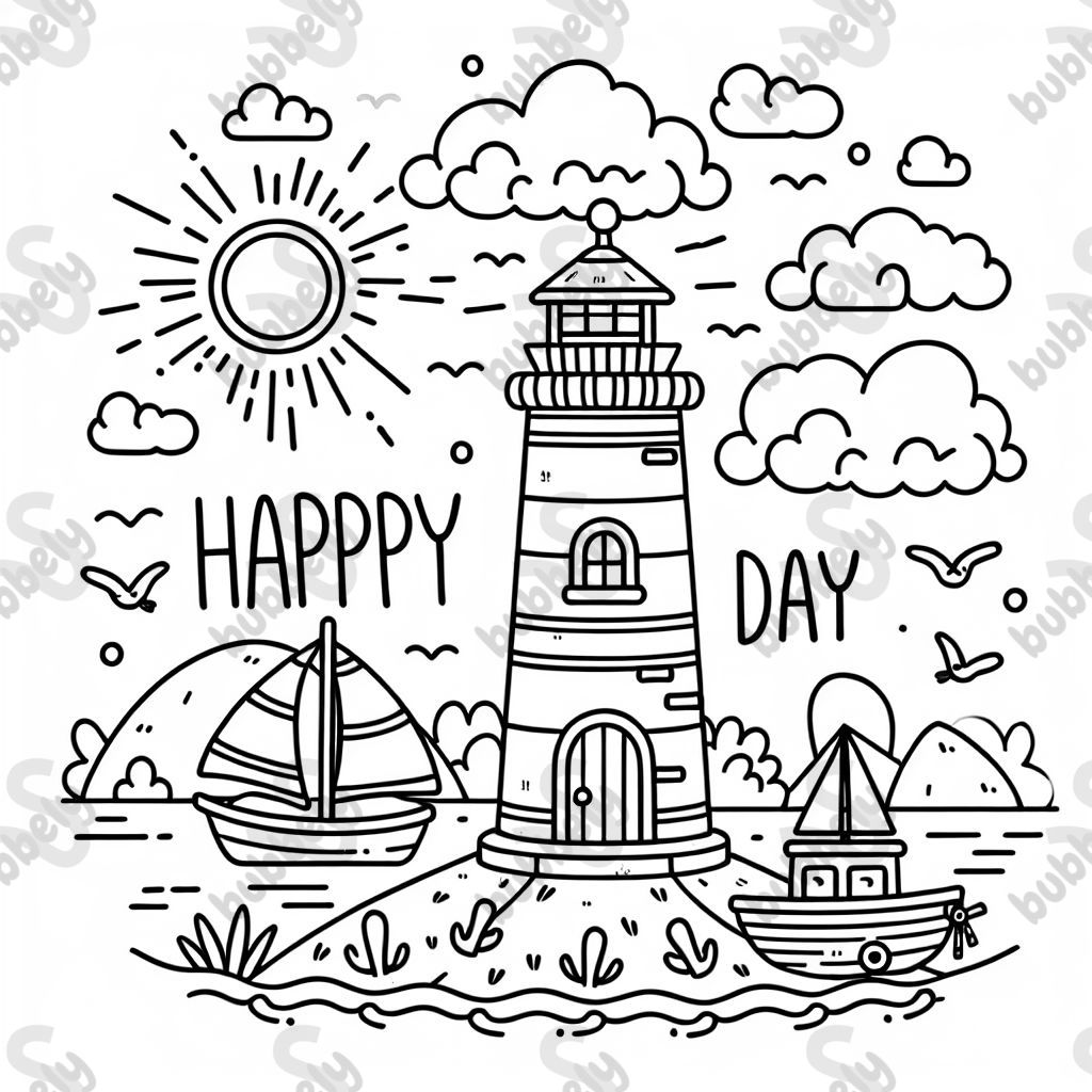 a lighthouse with the words "happy day"
