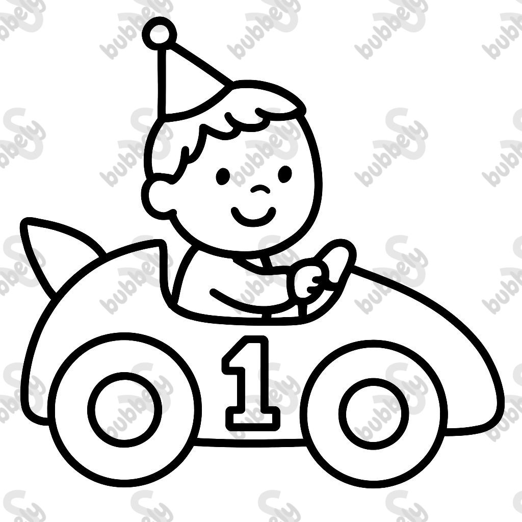 First birthday little boy driving race car