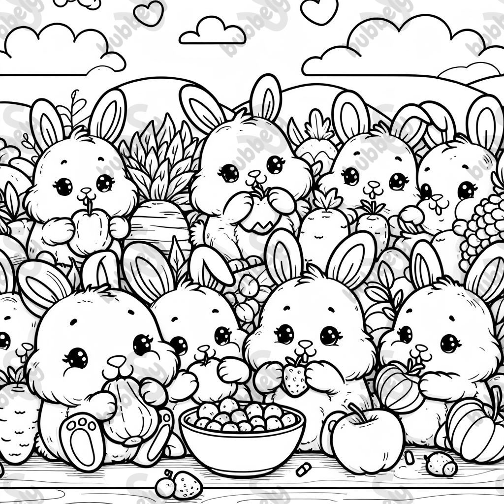 ganz ganz viele flauschige Hasen, die Obst und Gemüse essen