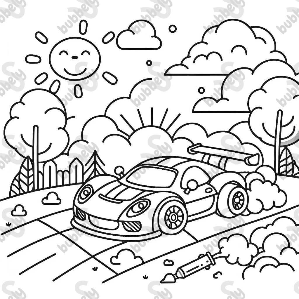 einen Rennauto mit Sonne und Wolken im Hintergrund