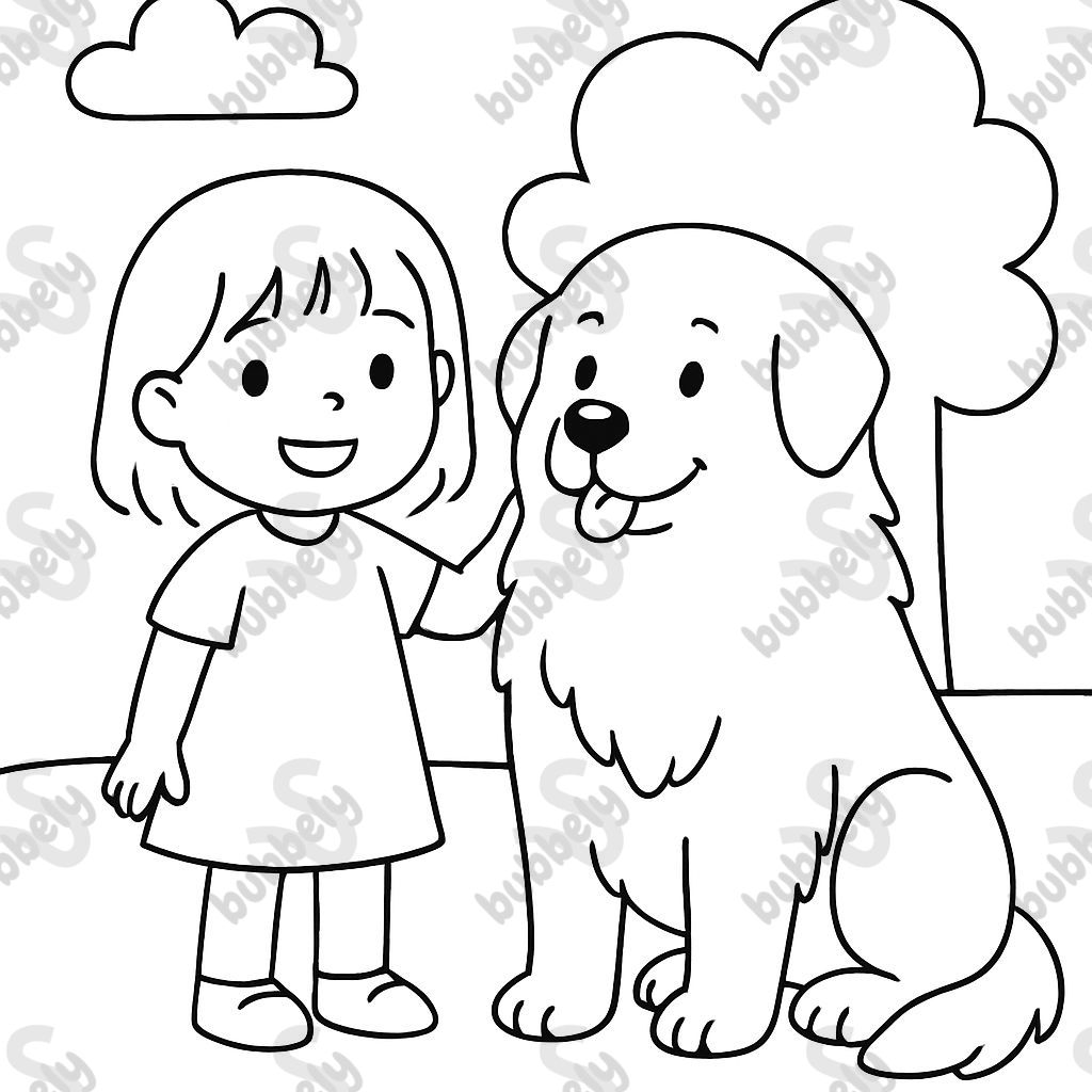 A little girl with shoulder-length hair standing with her great pyrenees.