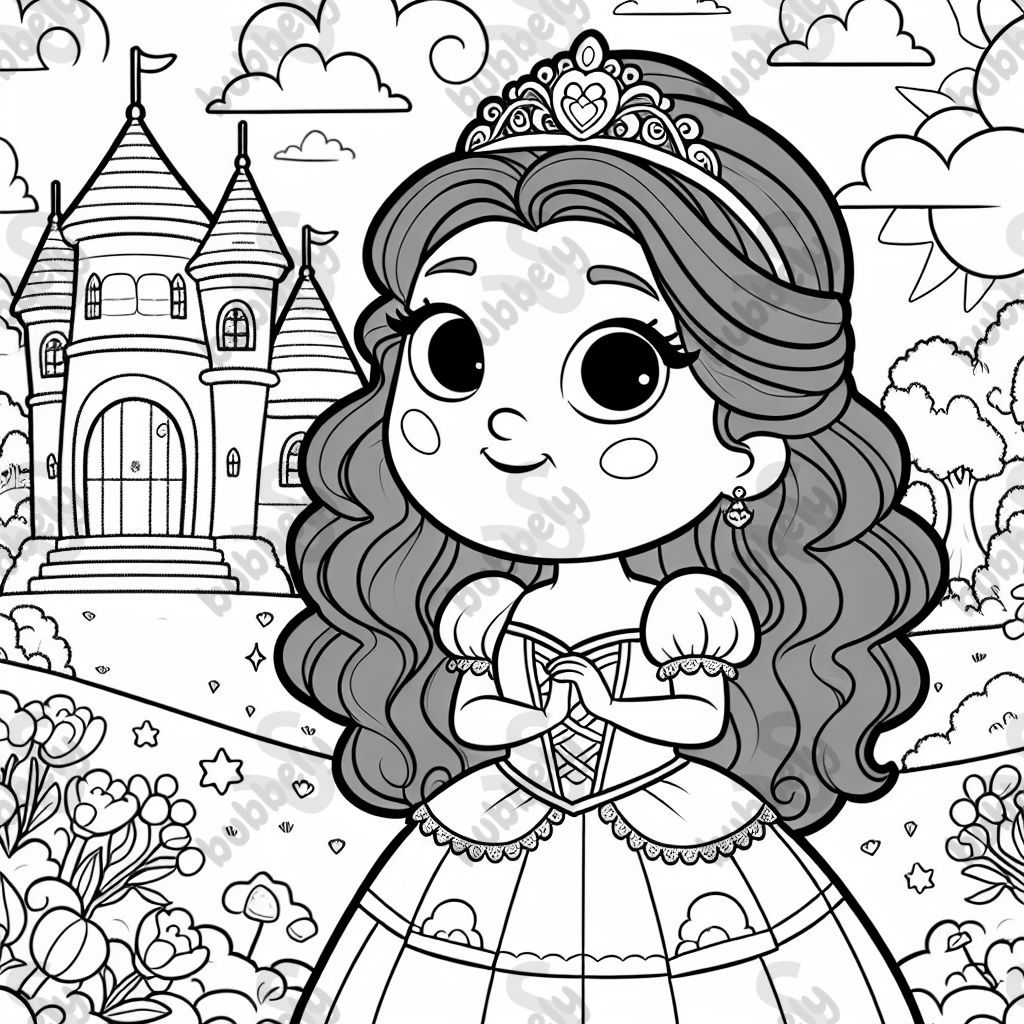A beautiful princess in a colorful castle garden, ready to be colored. A beautiful princess in a colorful castle garden, ready to be colored.