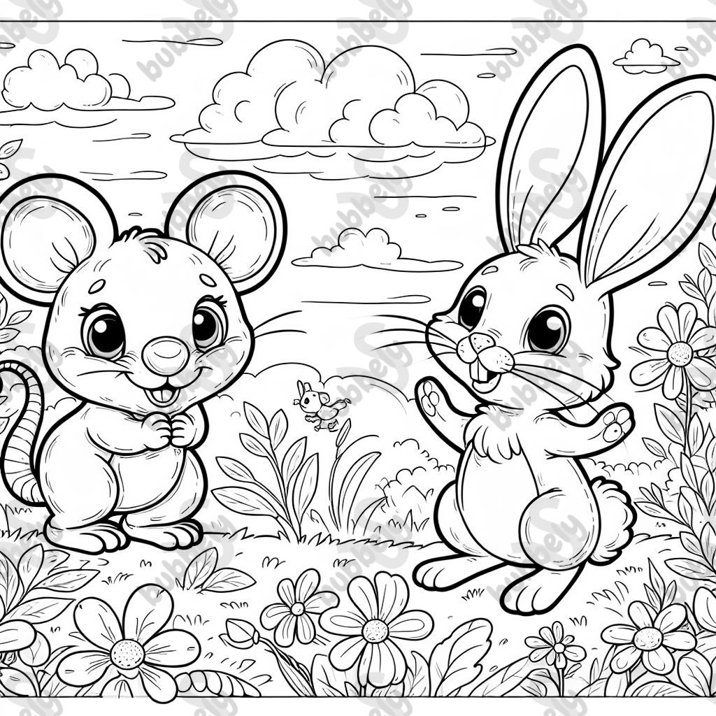 A mouse and a rabbit playing under a bright blue sky.