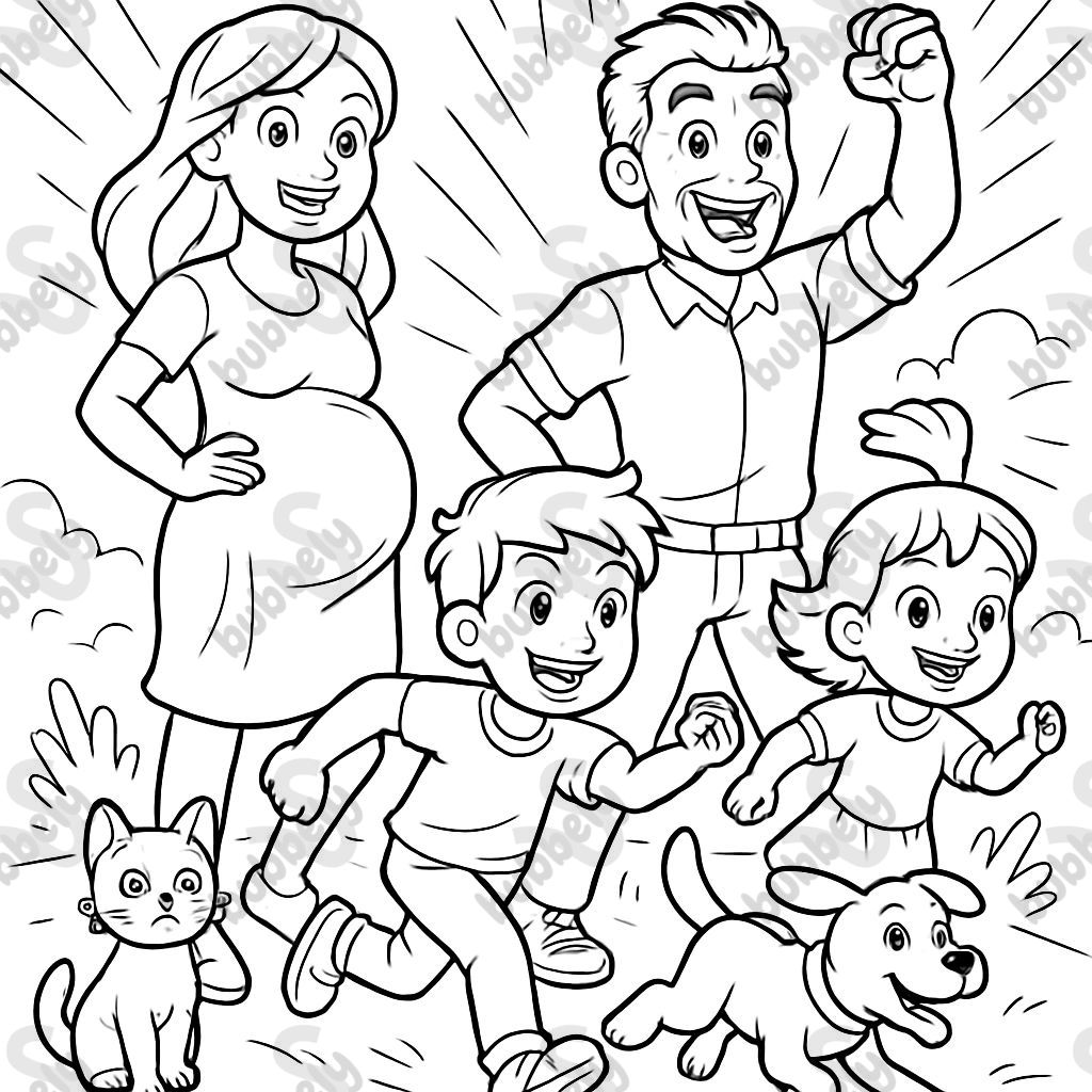 Family with pregnant mom, dad, big boy, little girl, 2 cats, and a dog