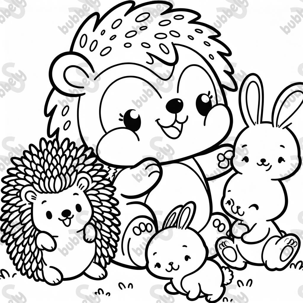 hedgehog playing with a bunny and babies