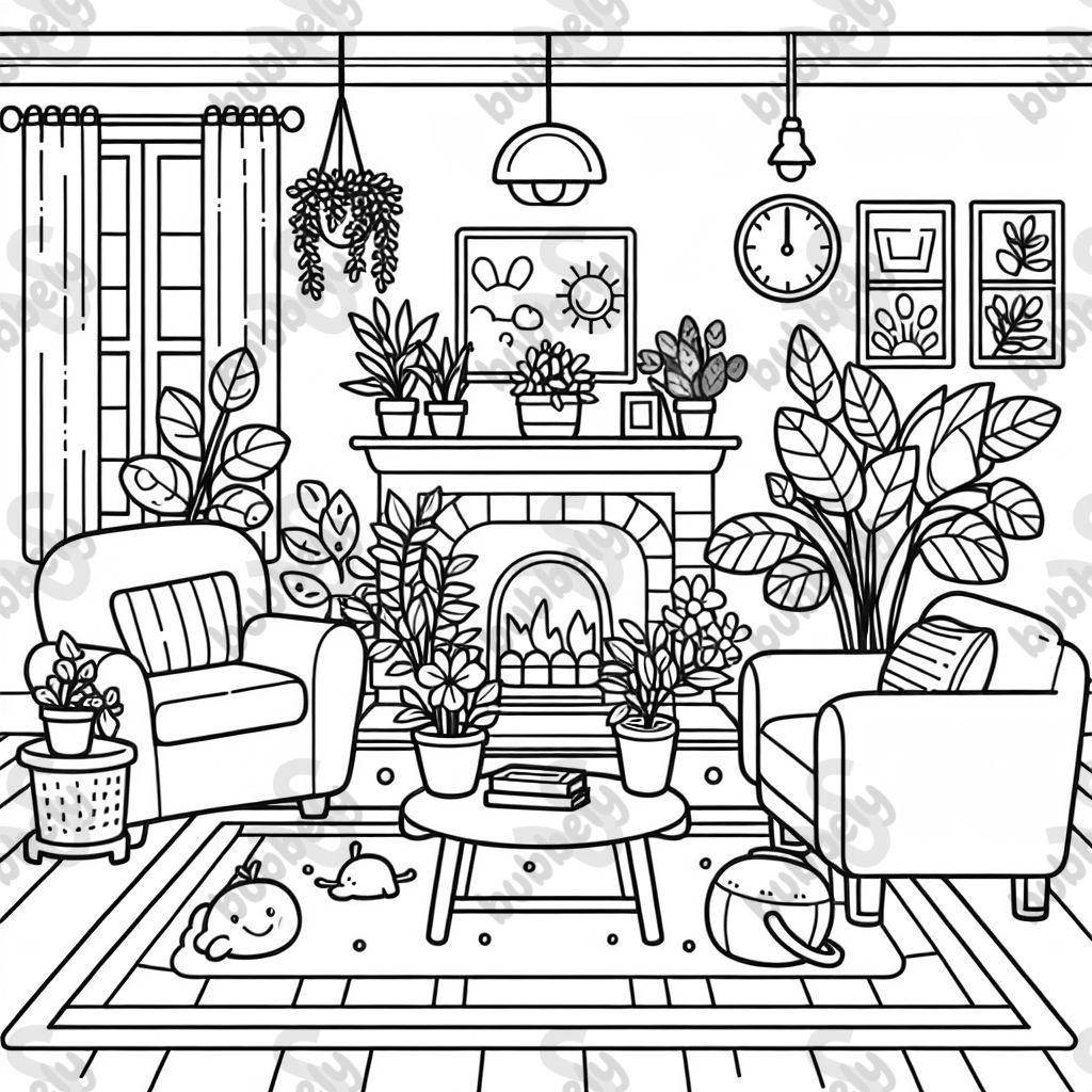a living room with colorful plants