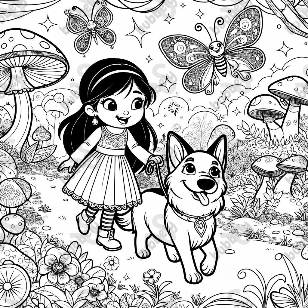 Girl and german shepard in fairy land