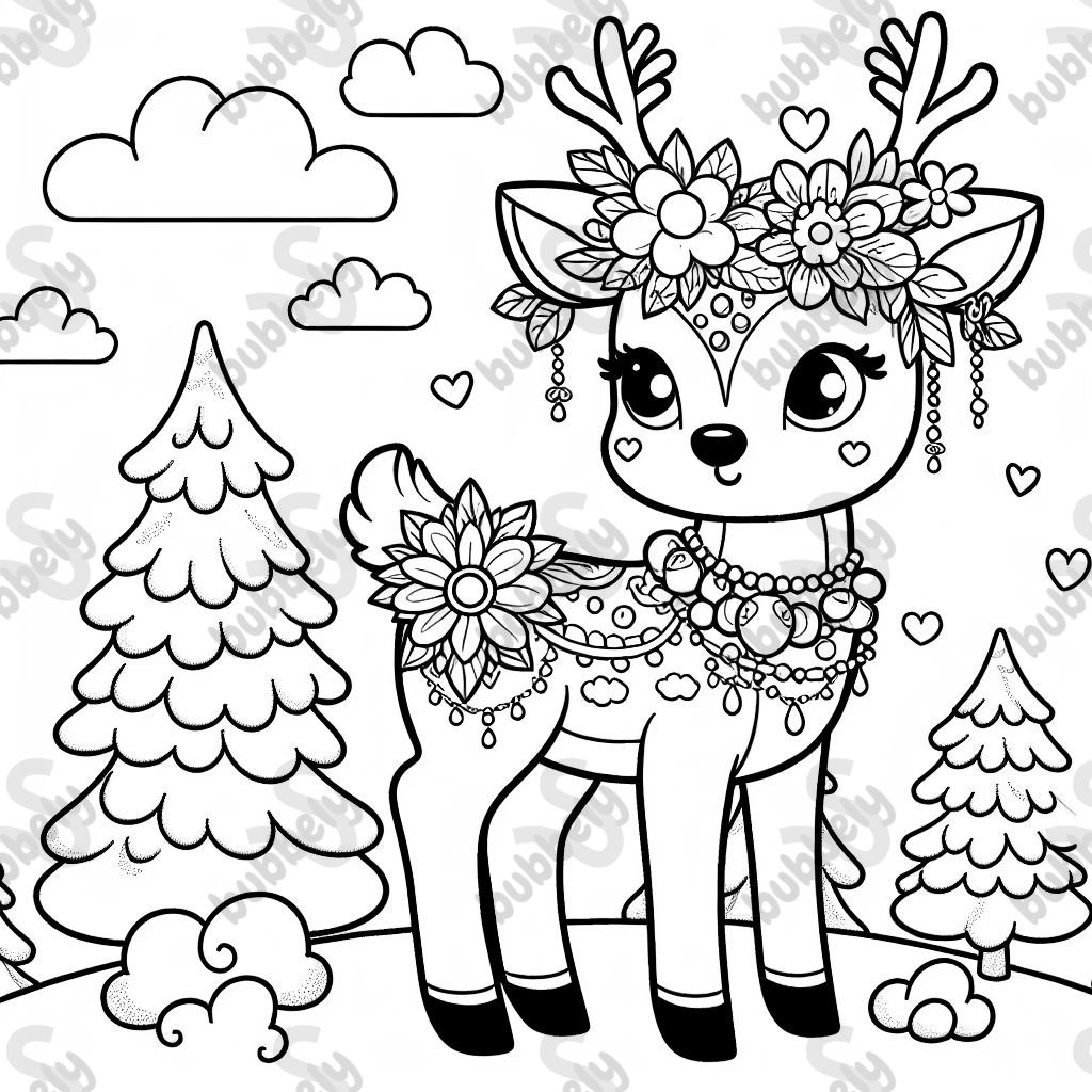 Cute reindeer with flowers and jewels
