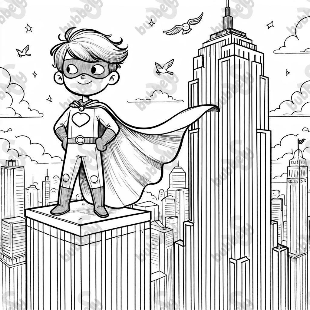 Superhero boy with a cape standing on top of tall building