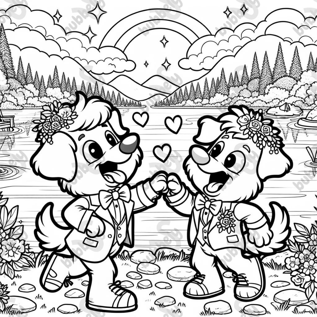 Two boy dogs getting married by lake.