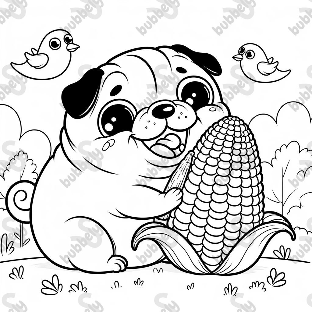 A pug eating corn