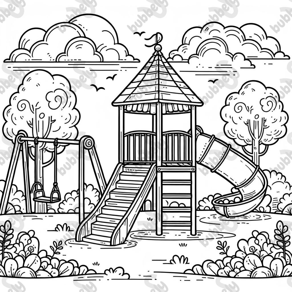 A playground with swings and a tall slide with stairs going up and a ball pit at the bottom of the slide.