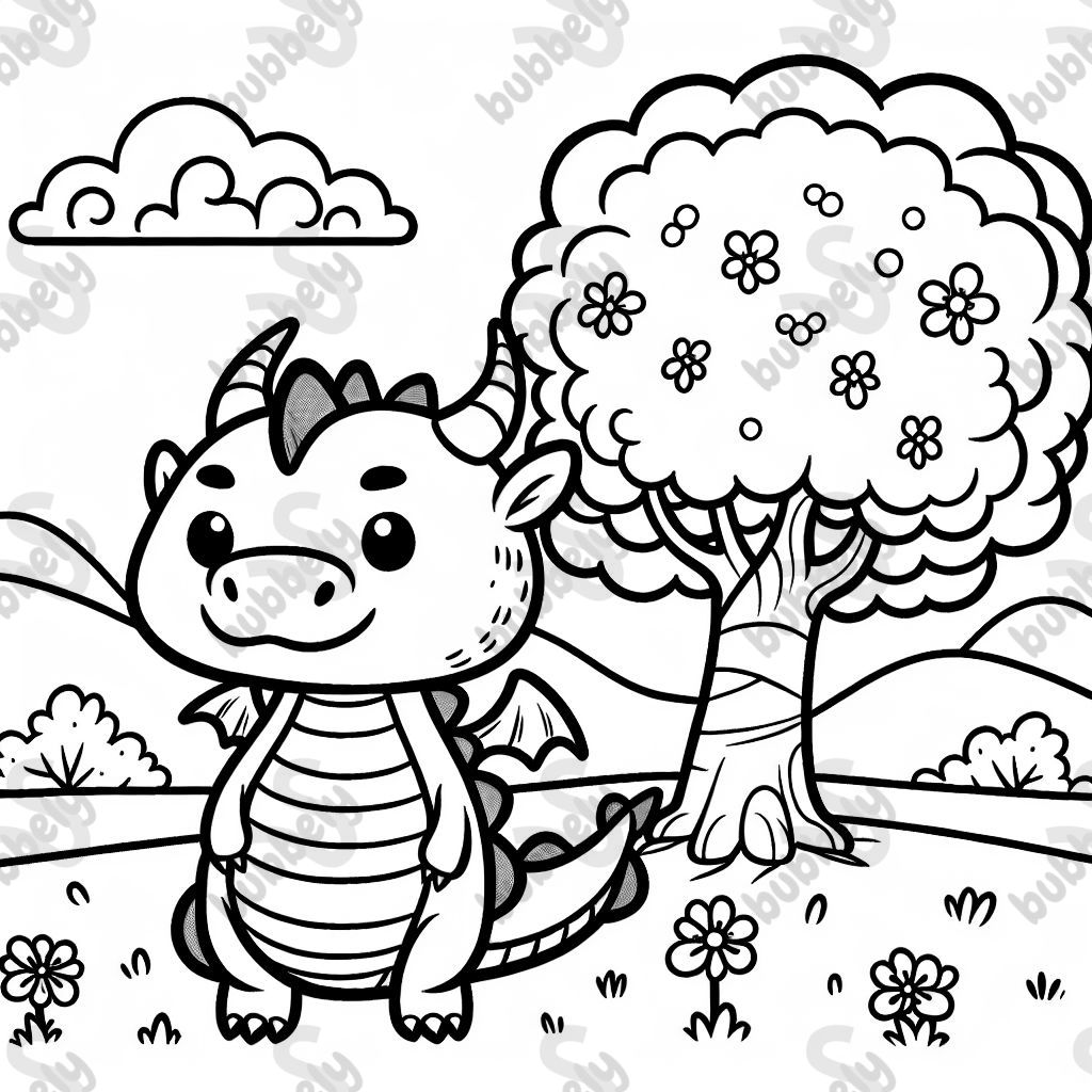 Red dragon next to a cherry tree