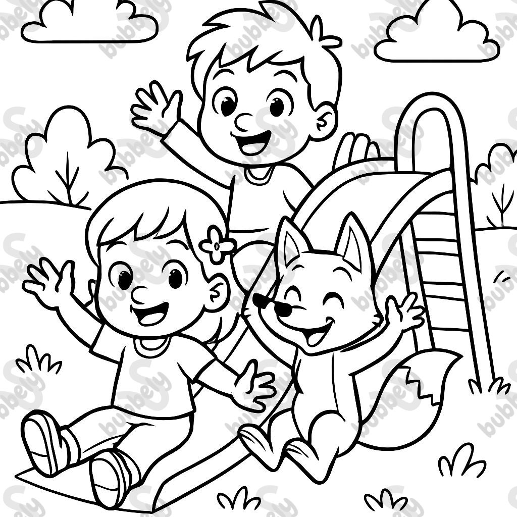 Children sliding with fox