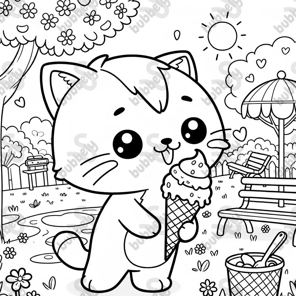 a pretty kitty with an ice cream at the park on a spring day