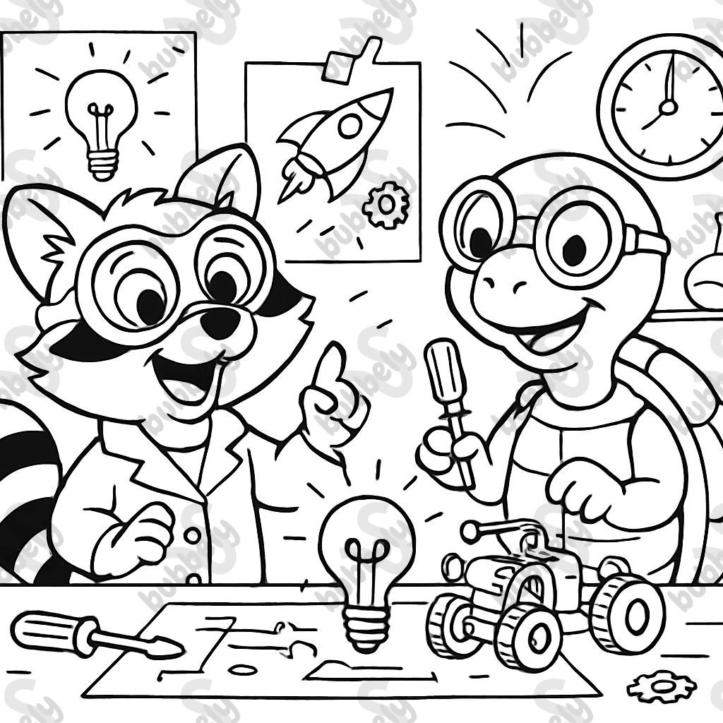 un raton laveur et une tortue en tant qu'inventeurs