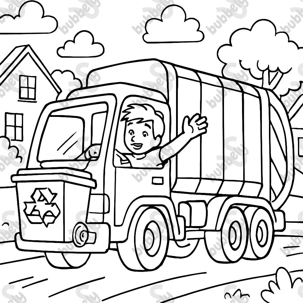 Recycling truck driving thru a neighborhood with recycling bin on front of the truck