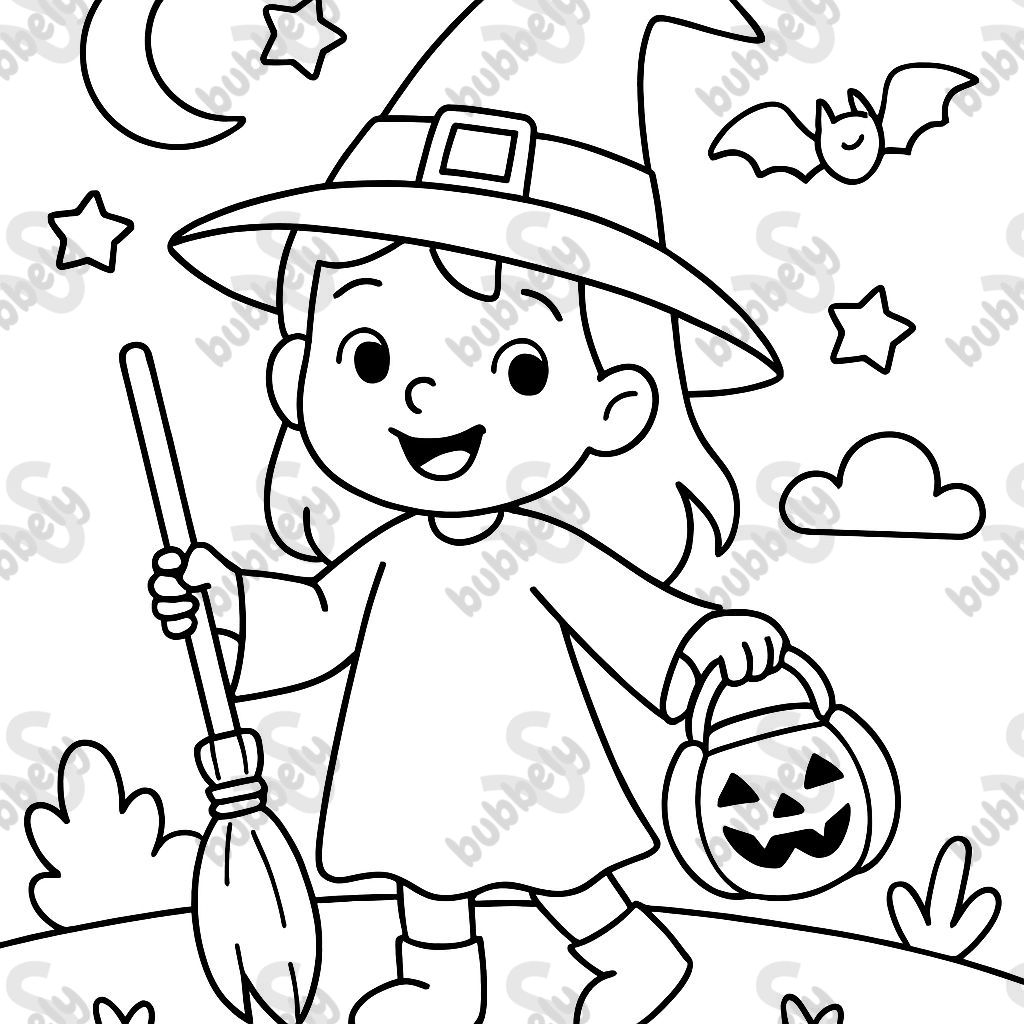 A girl dressed as a witch for Halloween.