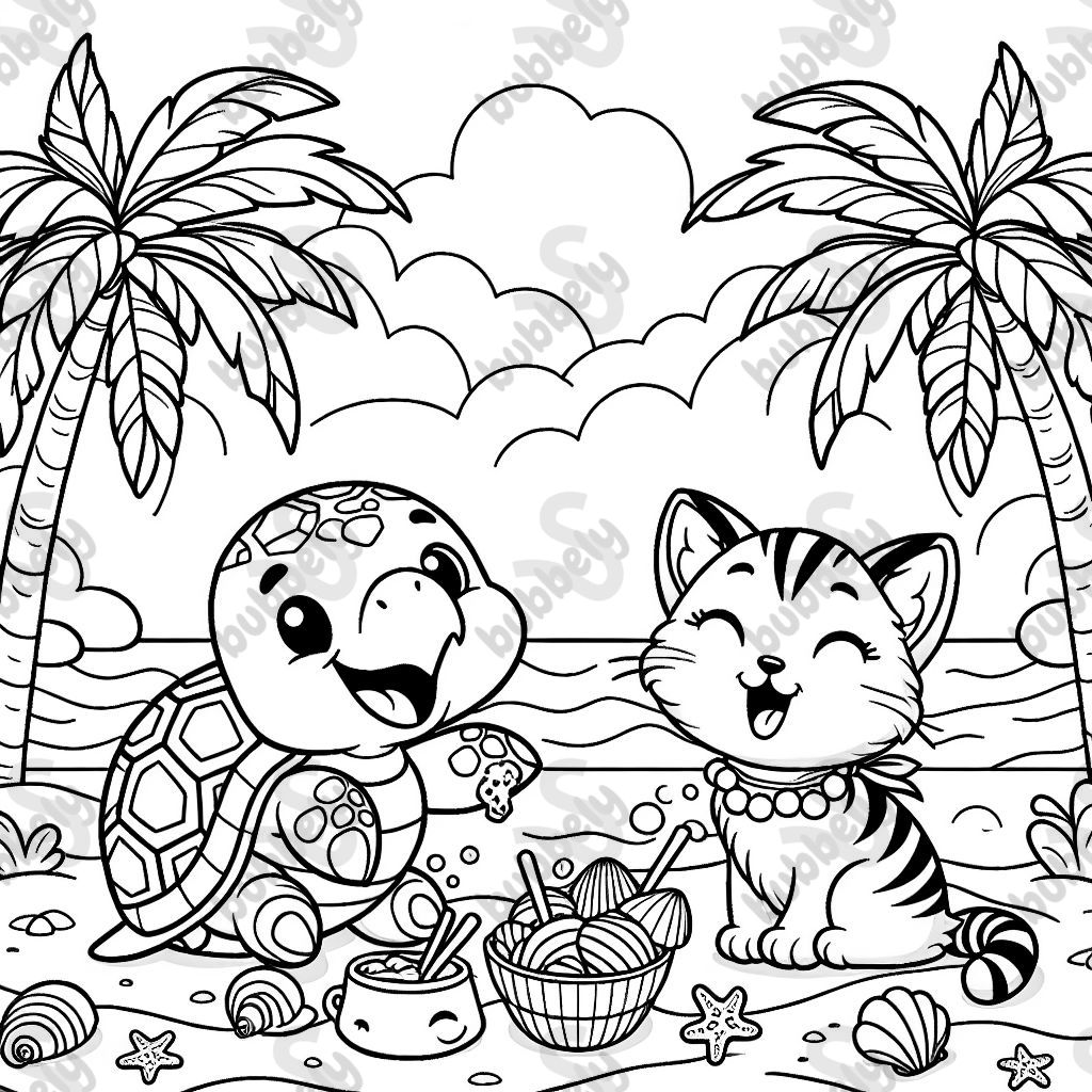 sea turtle and a kitty eating lunch on a beach with palm trees