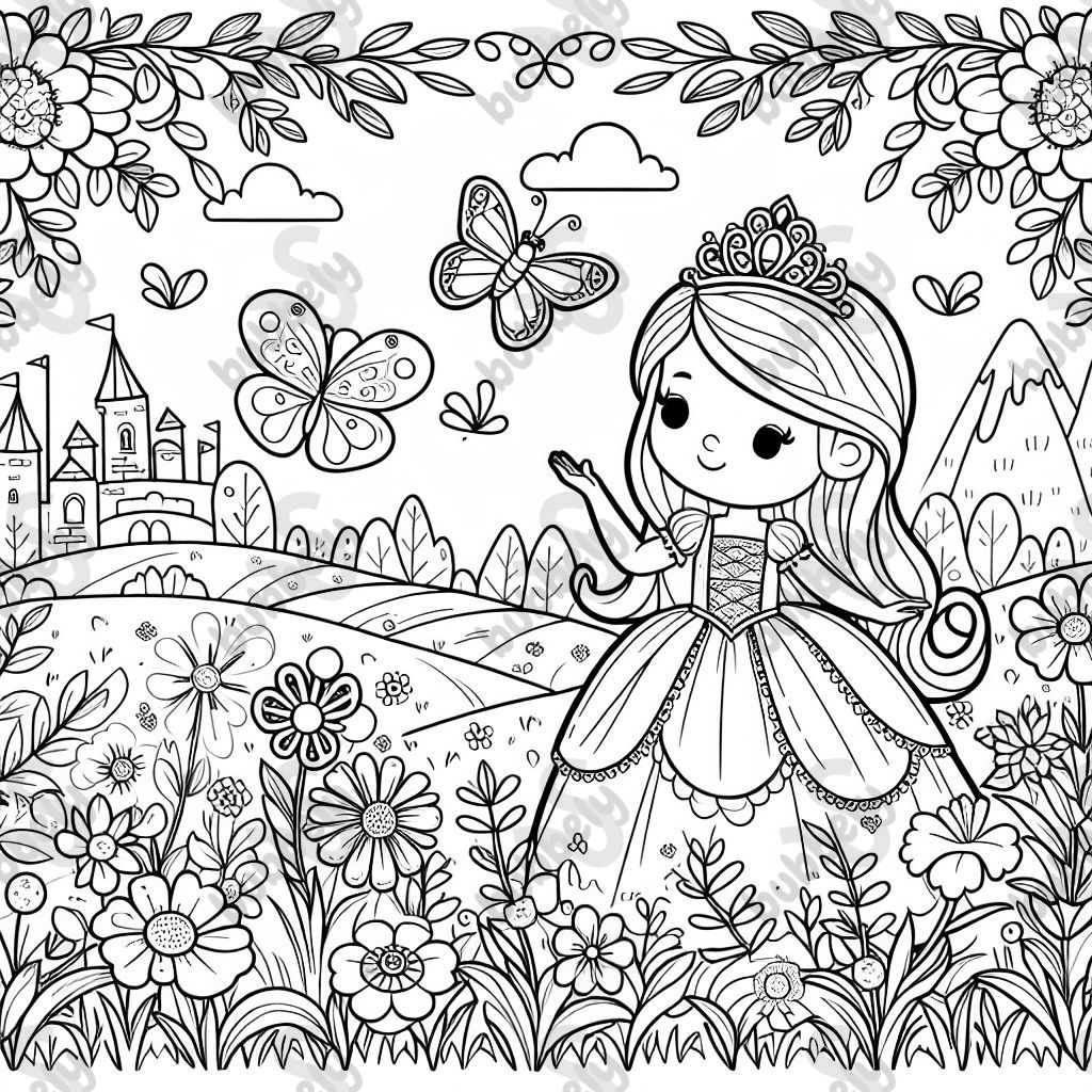 Une prairie fleurie avec un papillon et une princesse