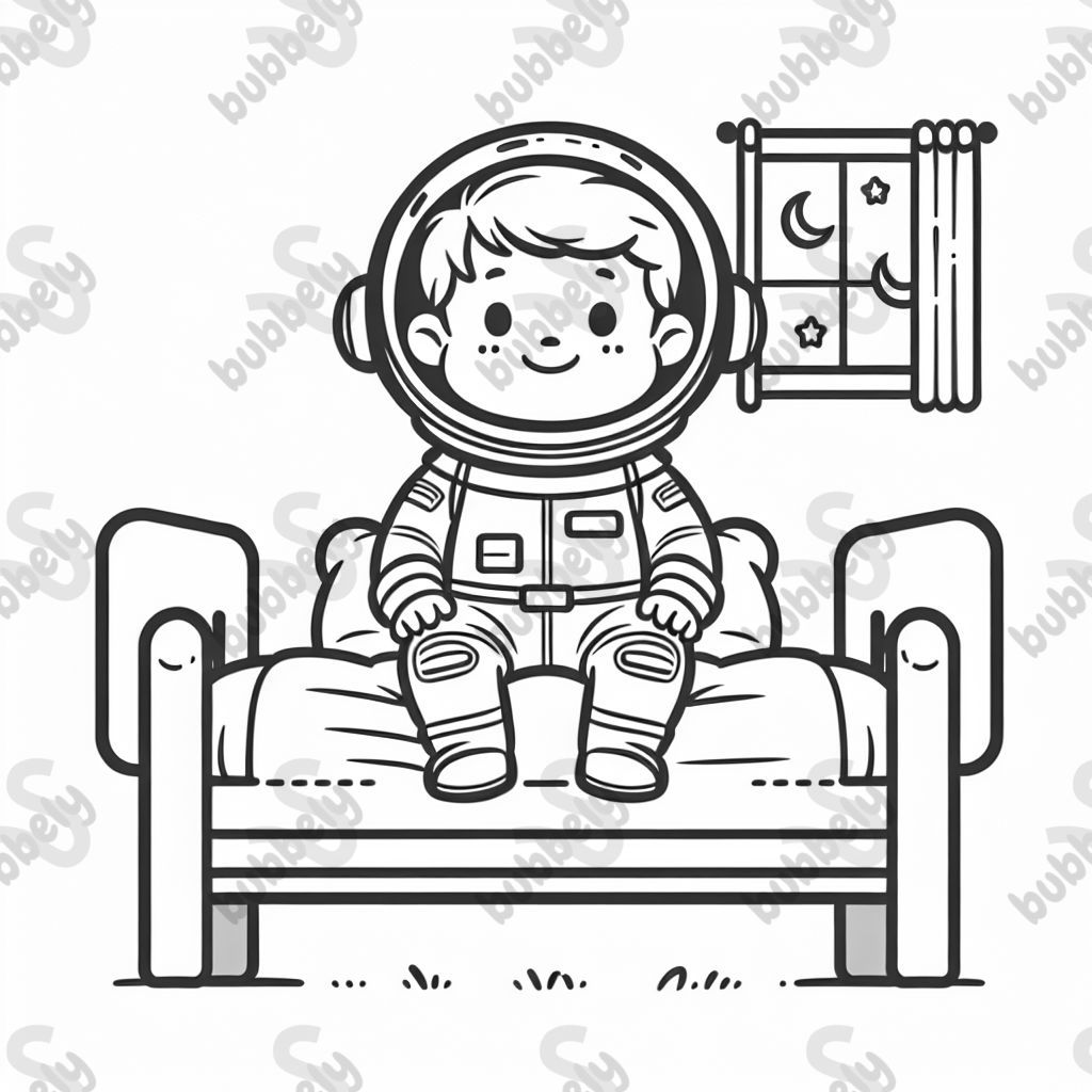 a kid on his bed in an astronaut suit